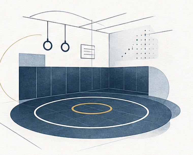 Original illustration of a training room and wrestling mat