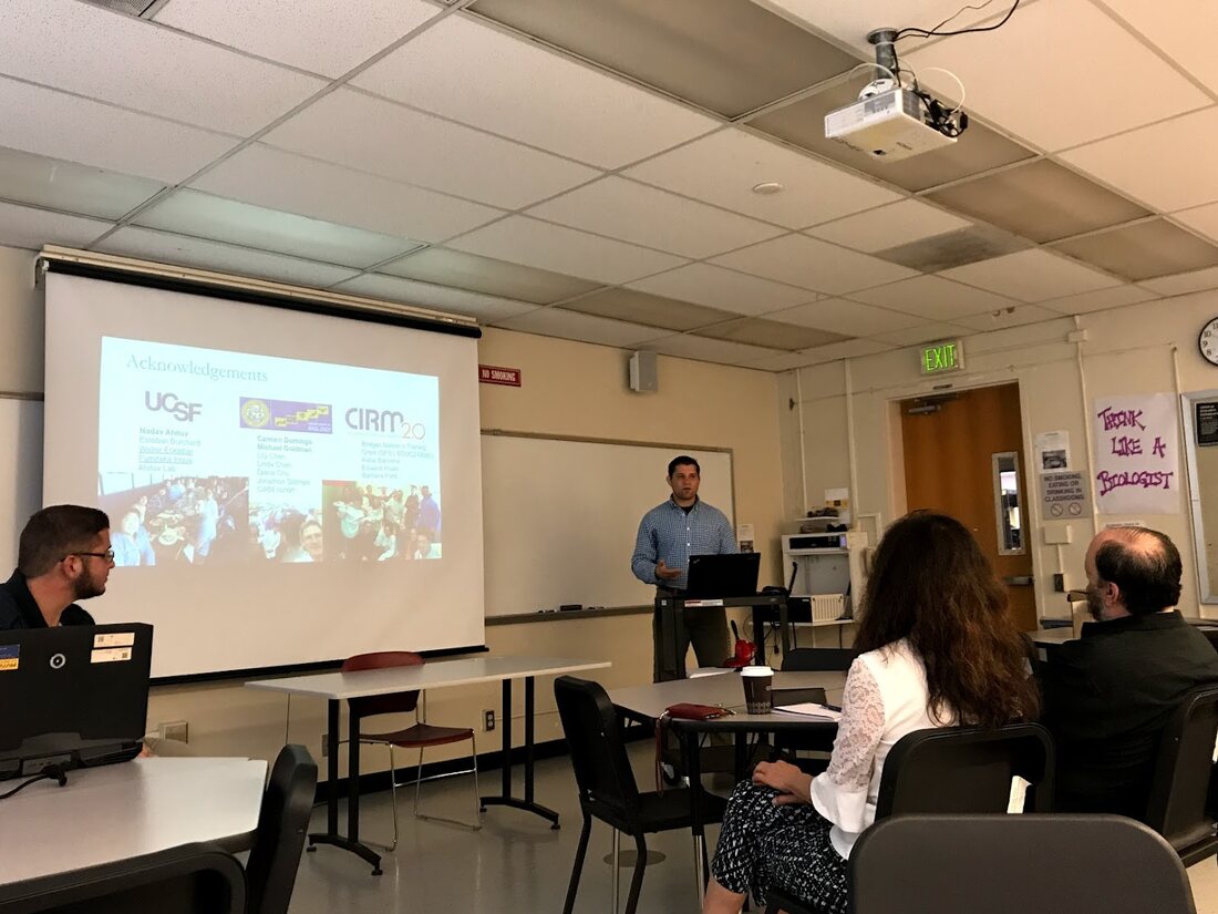Orry Elor presenting his master’s thesis defense at San Francisco State, with UCSF and CIRM logos on the slide