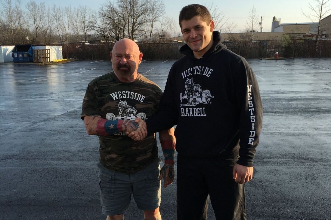 Orry Elor shaking hands with Louie Simmons outside Westside Barbell in Columbus, Ohio